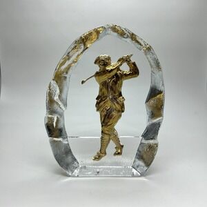 NYBRO Sweden Crystal Golfer Figurine Gold Relief Scandinavian Art 6.5" Vintage